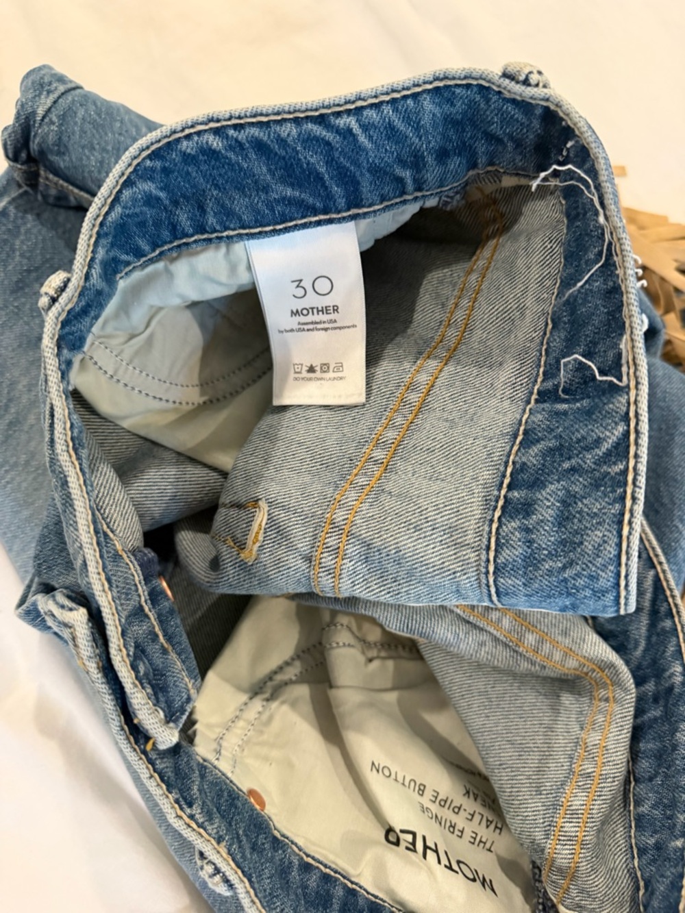MOTHER Blue Denim Flare Jeans with Tan Fringe - Picture 3 of 10